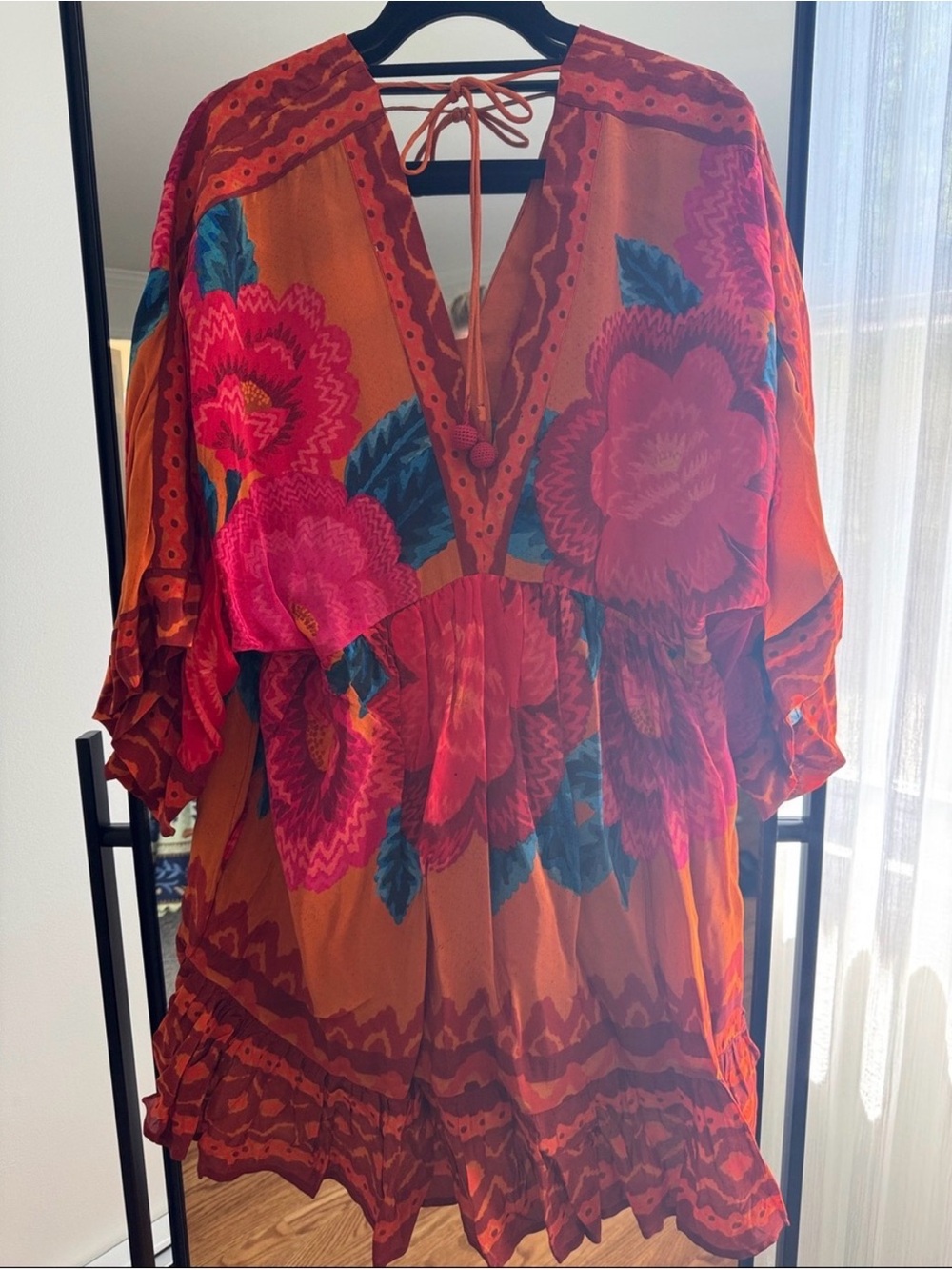 FARM Rio Orange, Red and Teal Floral V-Neck Mini Dress - Picture 4 of 6